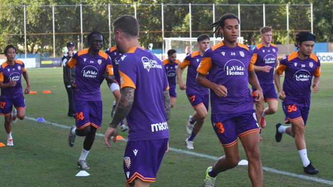 Perth Glory players warming up during an open training sessions at Larrakia Park, Darwin ahead of their Australia Cup clash with the Wellington Phoenix. Picture: Darcy Jennings