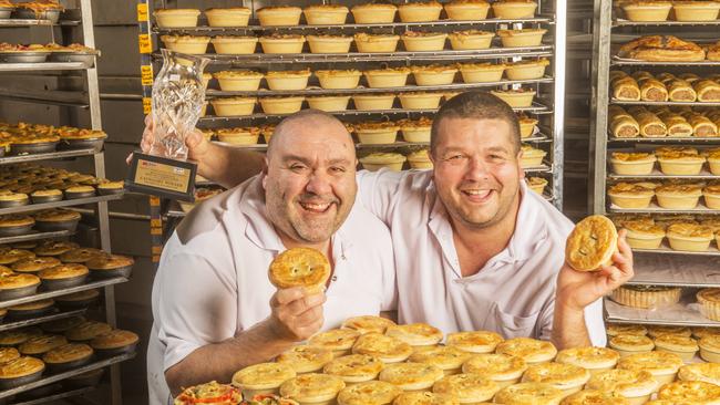 Whittlesea Bakehouse’s Michael Valenti and Adrian Caporetto with their award-winning pies. Picture: Rob Leeson.