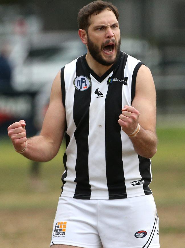 Patrick Fitzgerald celebrates a goal for Montmorency. Picture: Hamish Blair