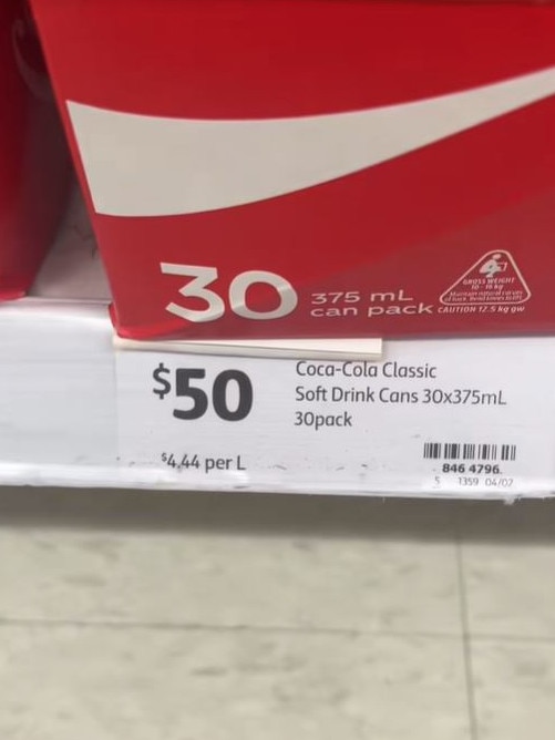 A pack of 30-cans is now listed at $50 in Coles and Woolworths. Picture: TikTok/@georgeredfern25