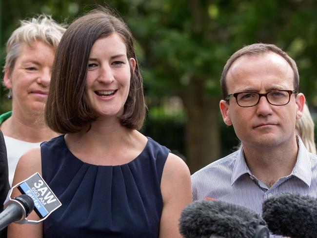 Greens candidate for Melbourne Ellen Sandell speaks to media on Sunday. Picture: Mark Dadswell