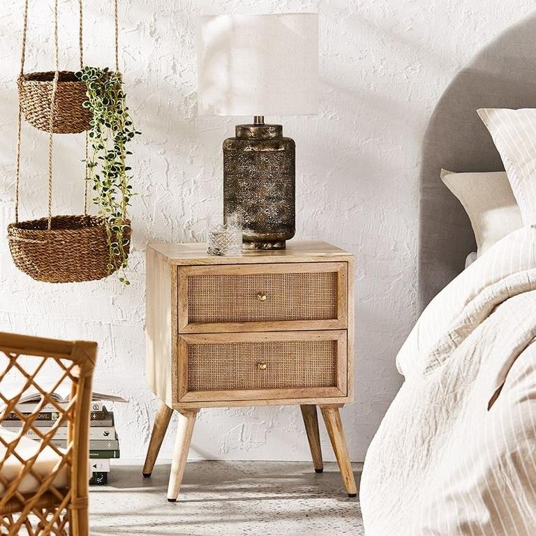 Home Republic Anjuna Collection Natural 2 Drawers Bedside Table. Picture: Adairs.