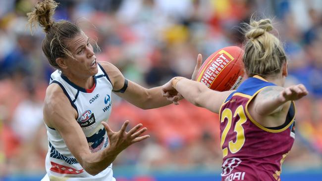 Crows co-captain Chelsea Randall battles Brisbane’s Jessica Wuetschner during the AFLW grand final. Picture: Bradley Kanaris (News Corp )