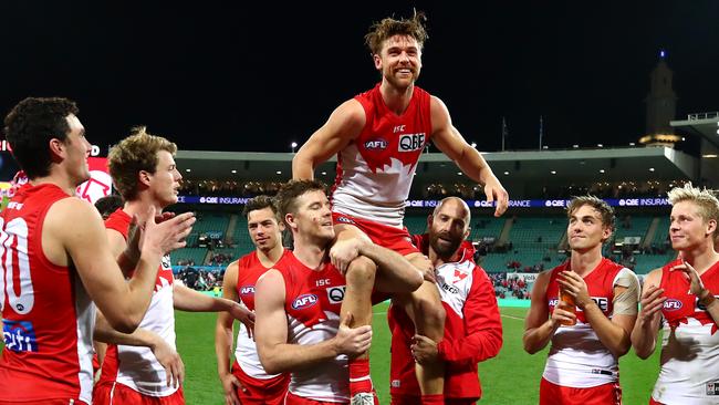 Dane Rampe is chaired off the field after playing his 150th match. Pic: Getty Images