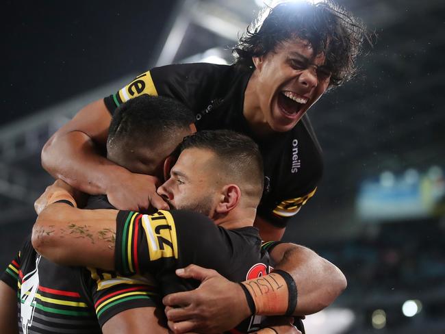 SYDNEY, AUSTRALIA - OCTOBER 25:  Jerome Luai of the Panthers celebrates with Josh Mansour of the Panthers after scoring a try, which was then disallowed by the video referee during the 2020 NRL Grand Final match between the Penrith Panthers and the Melbourne Storm at ANZ Stadium on October 25, 2020 in Sydney, Australia. (Photo by Cameron Spencer/Getty Images)