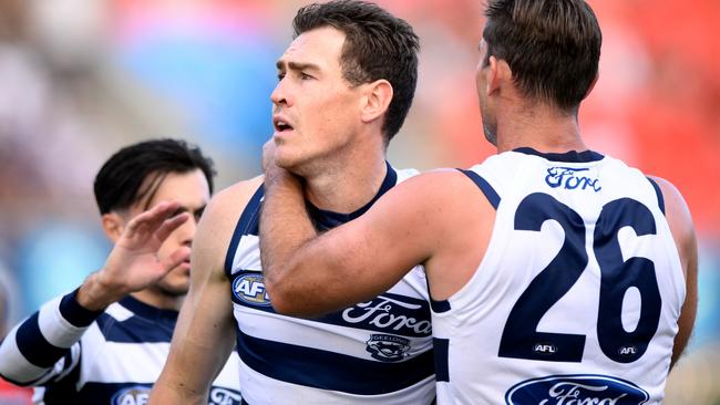 GOLD COAST, AUSTRALIA - APRIL 02: Jeremy Cameron of the Cats celebrates kicking a goal during the round 03 AFL match between the Gold Coast Suns and the Geelong Cats at Heritage Bank Stadium, on April 02, 2023, in Gold Coast, Australia. (Photo by Matt Roberts/AFL Photos/Getty Images)