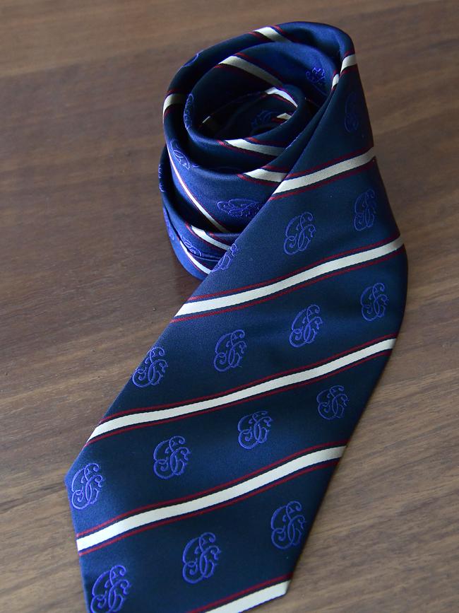 A silk tie worn by former prime minister Bob Hawke is seen at his home in Northbridge, Sydney, Wednesday, August 21, 2019. A range of items belonging to Bob Hawke and Blanche D'Alpuget will go to auction on August 27. (Bianca De Marchi)
