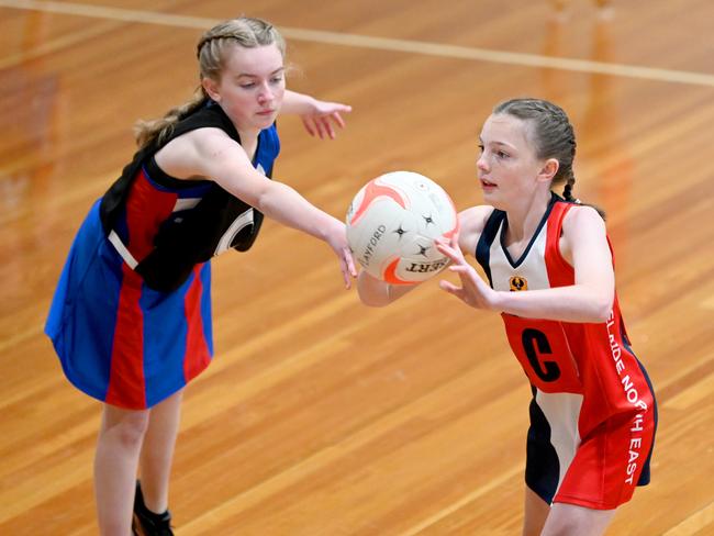 31/5/21 - School Sport SA Sapsasa State Netball Carnival at Mile End. Adelaide North East v Playford on court 2. Picture: Naomi Jellicoe