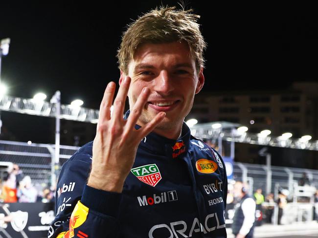 LAS VEGAS, NEVADA - NOVEMBER 23: 2024 F1 World Drivers Champion Max Verstappen of the Netherlands and Oracle Red Bull Racing celebrates in parc ferme during the F1 Grand Prix of Las Vegas at Las Vegas Strip Circuit on November 23, 2024 in Las Vegas, Nevada. (Photo by Mark Thompson/Getty Images)