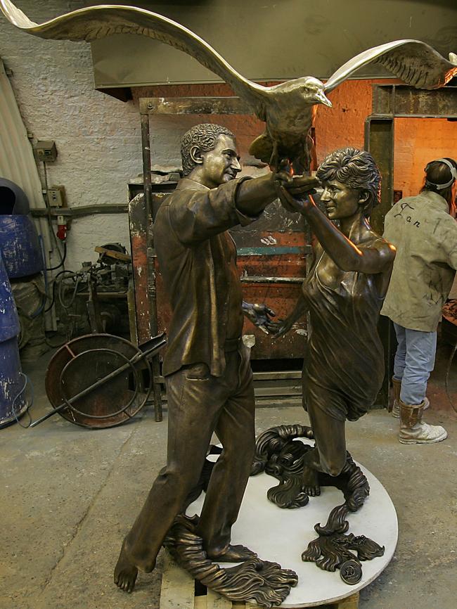 A life sized sculpture of Princess Diana and Dodi Al Fayed stands at the Bronze Age foundry in London. Picture: Getty Iomages.