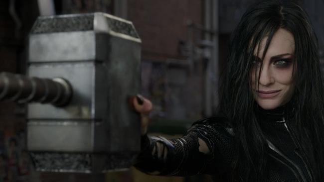 Cate Blanchett’s character does the impossible in the Thor: Ragnarok trailer — she catches his Mjolinir in a scene filmed on location in the Brisbane CBD. Picture: Marvel.