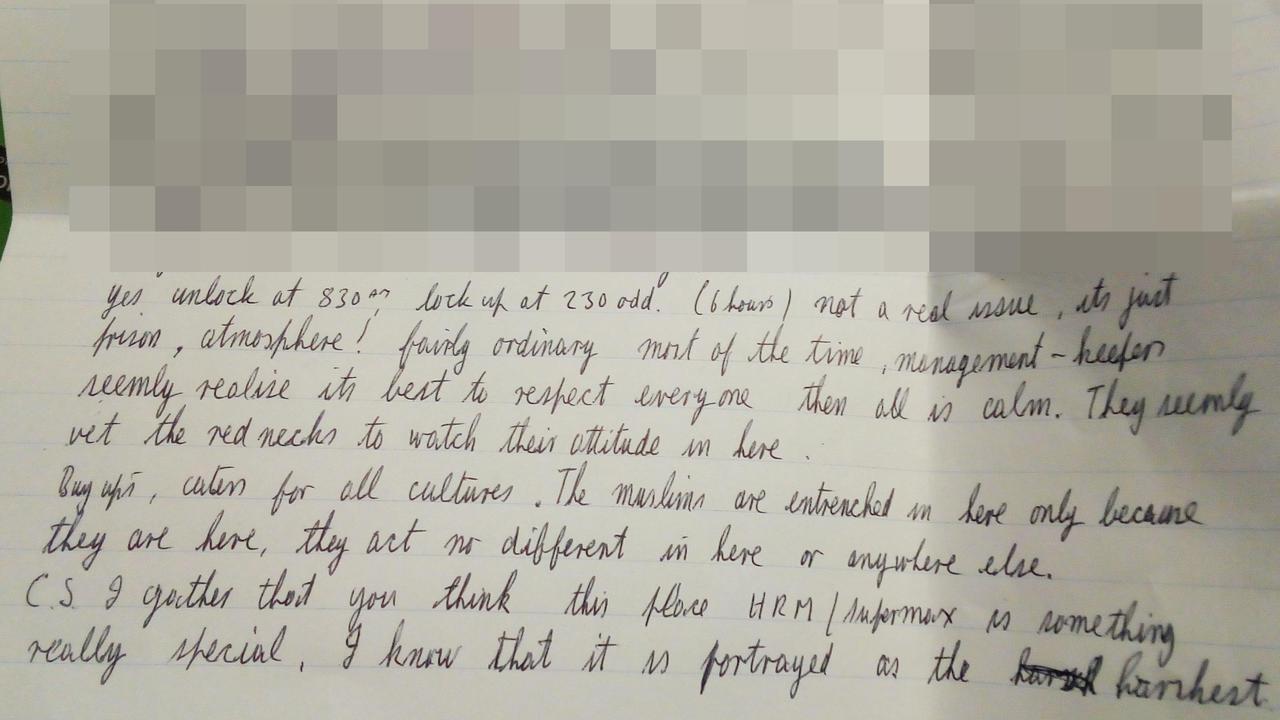 Milat gives details of his life inside Supermax in this letter to news.com.au in 2016.