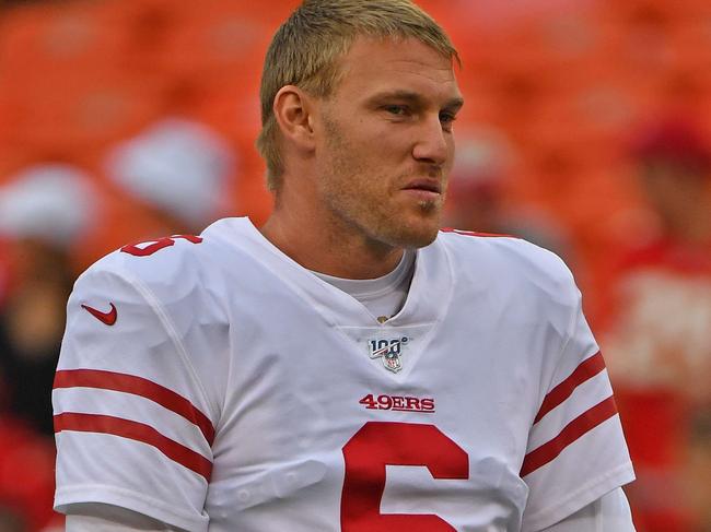 KANSAS CITY, MO - AUGUST 24: Punter Mitch Wishnowsky #6 of the San Francisco 49ers looks on during pre-game warm ups, prior to a preseason game against the Kansas City Chiefs at Arrowhead Stadium on August 24, 2019 in Kansas City, Missouri.   Peter Aiken/Getty Images/AFP == FOR NEWSPAPERS, INTERNET, TELCOS & TELEVISION USE ONLY ==