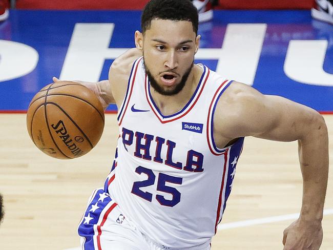 PHILADELPHIA, PENNSYLVANIA - APRIL 28: Ben Simmons #25 of the Philadelphia 76ers drives to the basket during the third quarter against the Atlanta Hawks at Wells Fargo Center on April 28, 2021 in Philadelphia, Pennsylvania. NOTE TO USER: User expressly acknowledges and agrees that, by downloading and or using this photograph, User is consenting to the terms and conditions of the Getty Images License Agreement.   Tim Nwachukwu/Getty Images/AFP == FOR NEWSPAPERS, INTERNET, TELCOS & TELEVISION USE ONLY ==