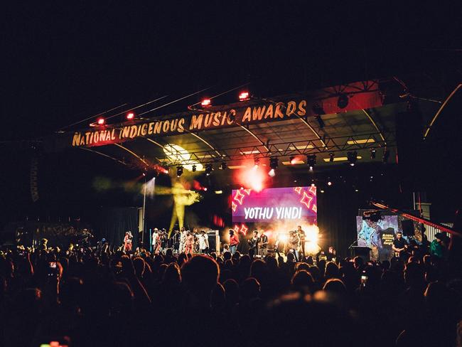 Legendary Territory rockers Yothu Yindi perform at the 2023 National Indigenous Music Awards at the Darwin Amphitheatre in the George Brown Botanic Gardens. Picture: Benjamin Warlngundu Ellis Baylis