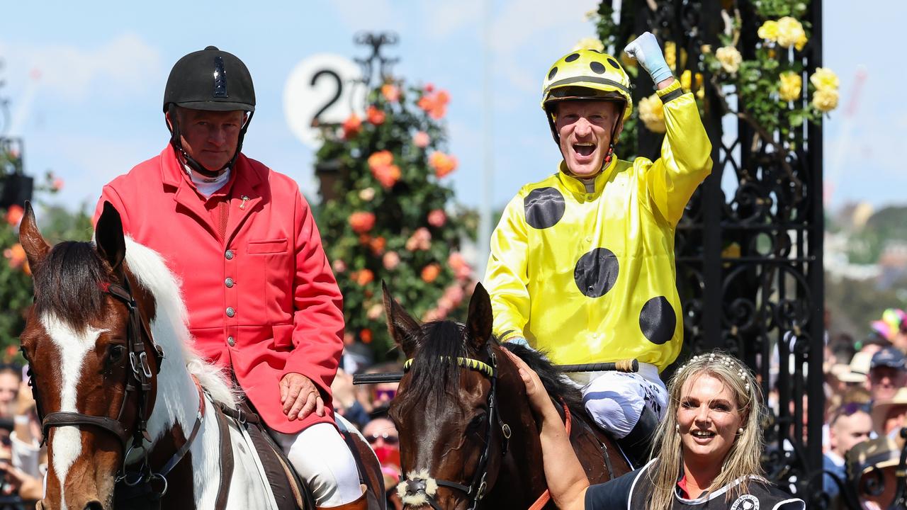 MELBOURNE, AUSTRALIA - NOVEMBER 07: Jockey Mark Zahra riding Without A Fight reacts after winning the Lexus Melbourne Cup during Melbourne Cup Day at Flemington Racecourse on November 07, 2023 in Melbourne, Australia. (Photo by Asanka Ratnayake/Getty Images)