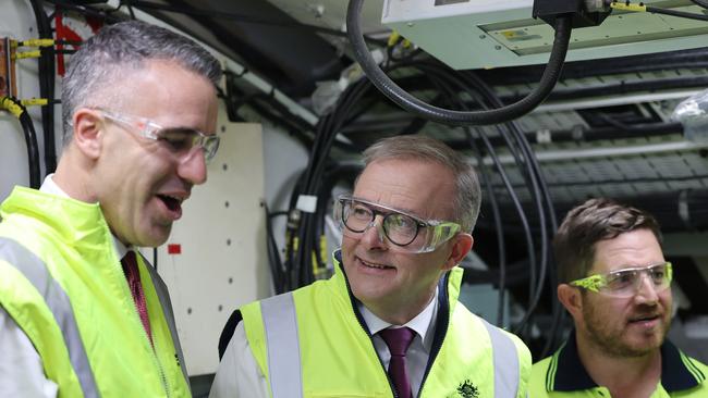 Premier Peter Malinauskas Australian Prime Minister Anthony Albanese with workers aboard a Collins Class Submarine at the Osborne Naval Shipyard, in Adelaide, in April, 2023. NCA NewsWire / David Mariuz