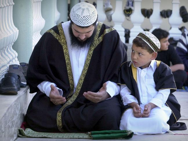 Worshippers praying at the Auburn Gallipoli Mosque. Picture: Chris Pavlich