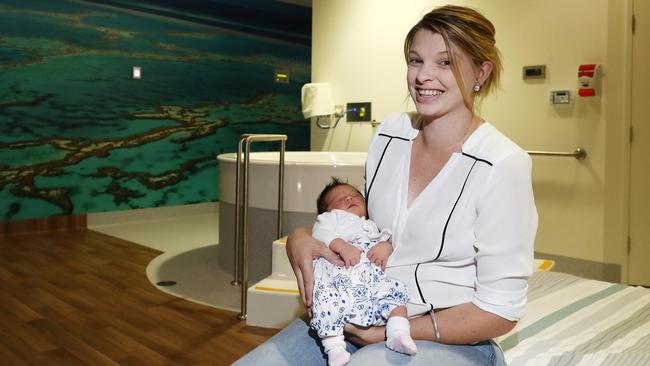 Julie Vozzo with daughter Gianna Mae one year ago when Gianna Mae was the first baby born at the Family Birth Centre. Picture: BRENDAN RADKE