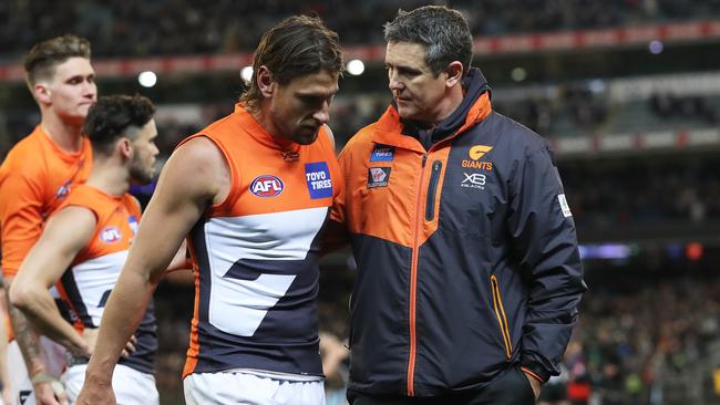 Giants coach Leon Cameron talks to Ryan Griffen after the loss. Picture: Phil Hillyard