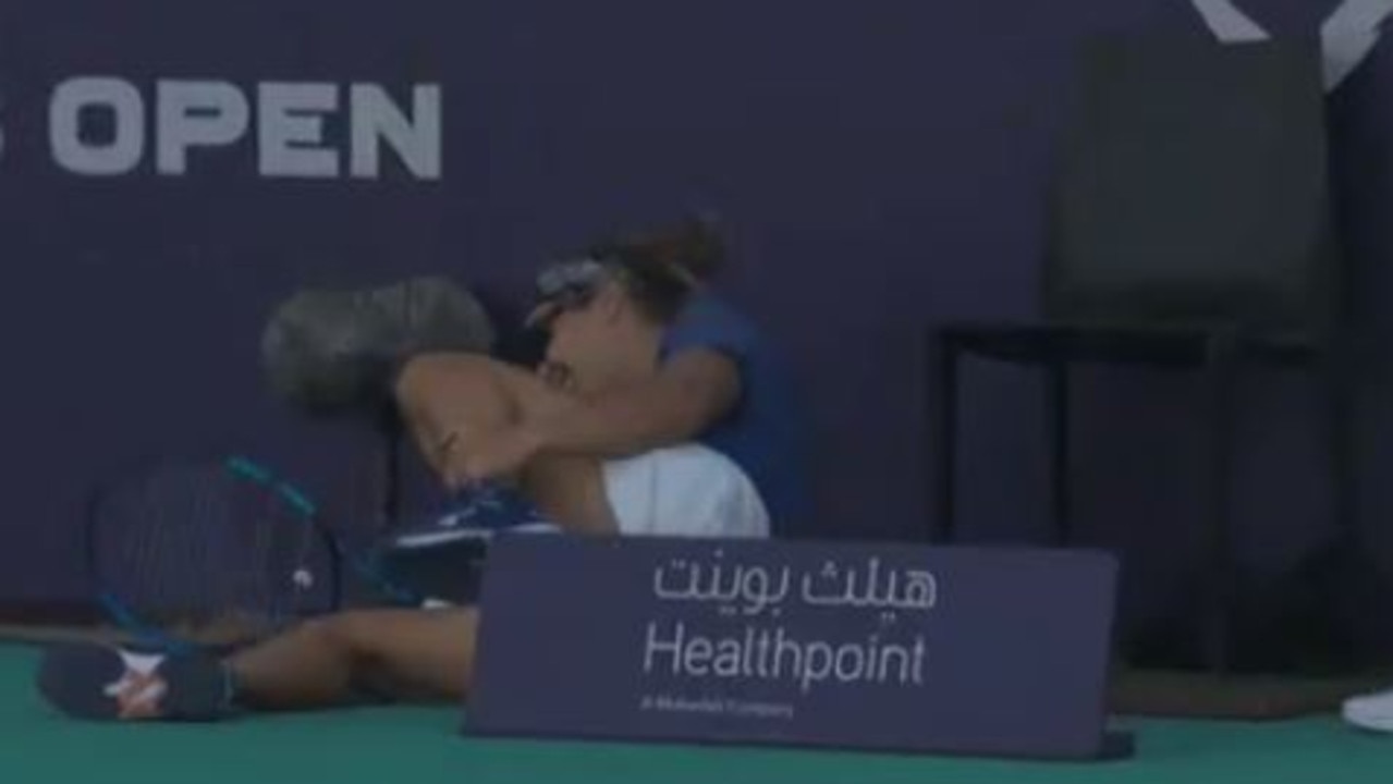 Kirsten Flipkens was injured when she tripped on an advertising board during her match with Sofia Kenin.