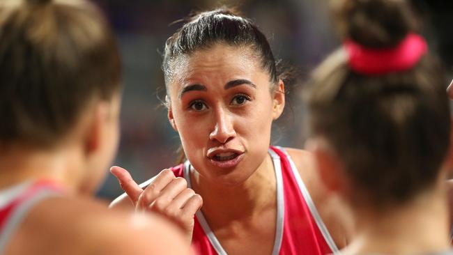 Maria Folau of the Thunderbirds talks to her team after the win during the Round 12 Super Netball match between the Queensland Firebirds and the Adelaide Thunderbirds in August.