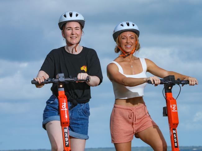 More than half of all eScooter riders in Darwin are female, buckign a global trend. Mercedes Lysaght (L)  and her friend Hanagh Gilmore.Picture Glenn Campbell