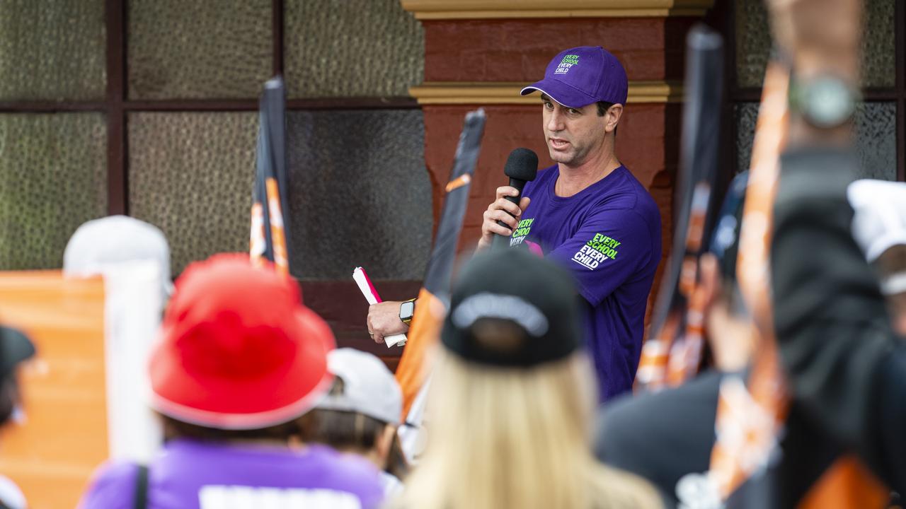 QCU secretary Zeb Sugden speaks before the Labour Day 2022 Toowoomba march, Saturday, April 30, 2022. Picture: Kevin Farmer