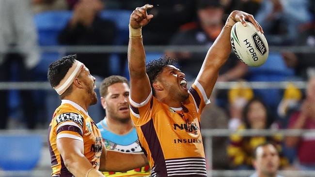 Jonus Pearson, pictured celebrating after scoring for the Brisbane Broncos in 2017, has returned to the CQ Capras this year. (Photo by Chris Hyde/Getty Images)