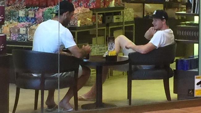 Glenn Maxwell and Steve Smith discuss public comments by the Australian captain about Maxy's training habits. Picture: TIM SWINSTEAD