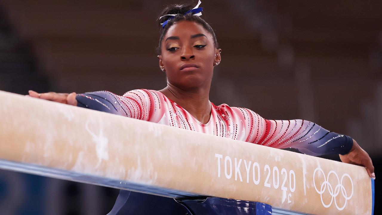 Biles eyes off a medal on the balance beam. Picture: Getty Images