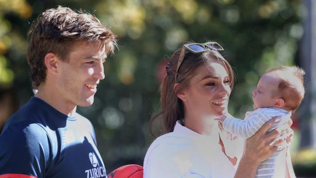 Charlotte and Jack Viney with baby Mila. Pic: Matthew Goodrope