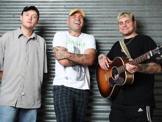 10/2/23: Sydney indie rock trio DMA'S at The Lord Gladstone Hotel. Tommy O'Dell (singer with black cap), Johnny Took (blonde, black t-shirt and Matt Mason(white-t-shirt). The band's fourth album is released on March 31;  John Feder/The Australian