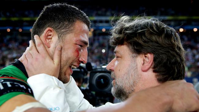 South Sydney's Sam Burgess with Russell Crowe after winning the 2014 NRL Grand Final. Picture Gregg Porteous