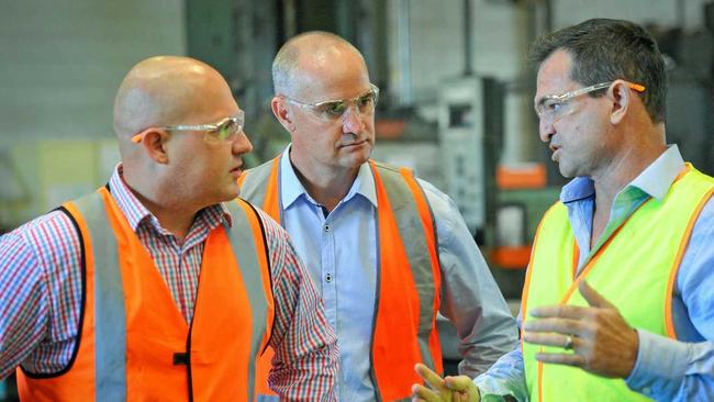 State Treasurer Curtis Pitt, Glenn Butcher mp and  CEO Derek Berg  at Berg Engineering. Picture: Mike Richards GLA190417STATE