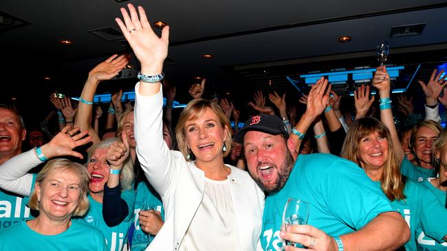 Zali Steggall celebrates her win of the seat of Warringah at her reception at Manly Pacific Novotel on Election Day. Picture: Dylan Coker