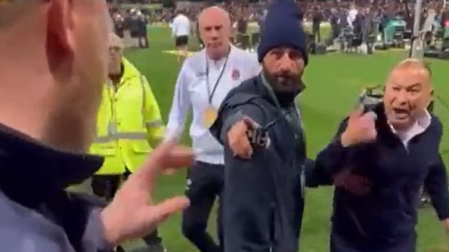 Eddie Jones reacts to a supporter in Sydney following the first Test where he was abused. Picture: Twitter