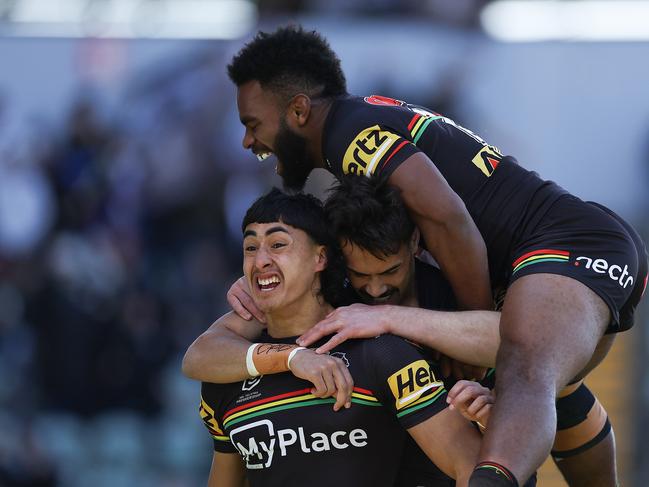 Casey McLean of the Panthers celebrates scoring a try. Picture: Getty Images