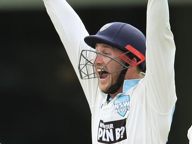 Peter Nevill celebrates the wicket of Sam Heazlett caught at slip off the bowling of Will Sommerville during NSW Blues v QLD during Day 3 of their Sheffield Match at the SCG. Picture. Phil Hillyard