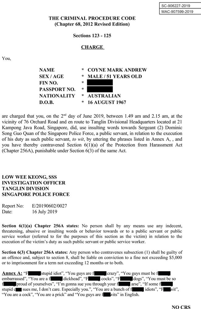 The charge sheet following Mark Coyne's arrest in Singapore.