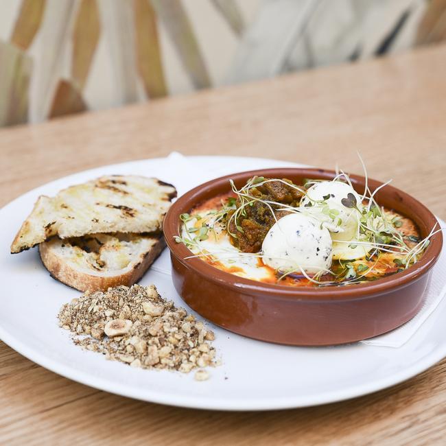 The Shakshouka, which is baked eggs in spicy tomato with chickpeas, labneh, eggplant relish and hazelnut dukkah is another delicious brunch/lunch option at Sisterhood in Sandy Bay. Picture: JEAN-PIERRE BIASOL