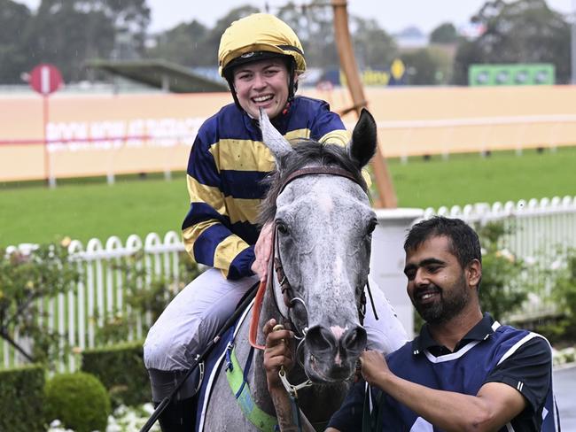 A jubilant Molly Bourke after winning the ATC Cup on Floating at Rosehill Gardens on November 30, 2024. Picture: Bradley Photos