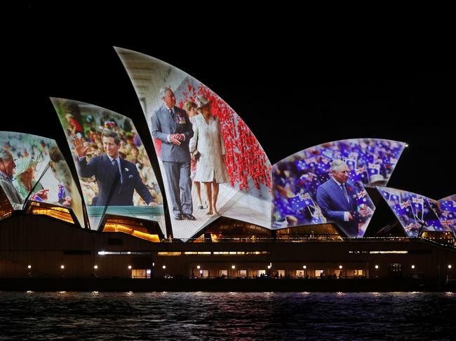 The Sydney Opera House shells are illuminated with a Royal projection to officially welcome King Charles III and Queen Camilla. Picture: Lisa Maree Williams/Getty Images