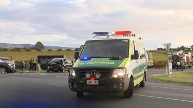 An ambulance at the intersection of Main and McMurtrie roads, McLaren Vale, for the crash that killed Ms Sternberg. Picture: 7NEWS