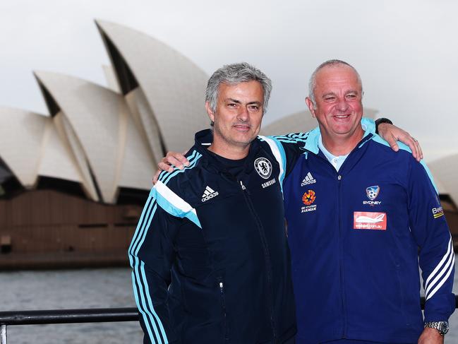 Jose Mourinho Manager of the Chelsea Football Club with Graham Arnold coach of Sydney FC in front of the Sydney Opera House during a photo opportunity ahead of the Chelsea FC v Sydney FC one off football match at ANZ Stadium. Pic Brett Costello