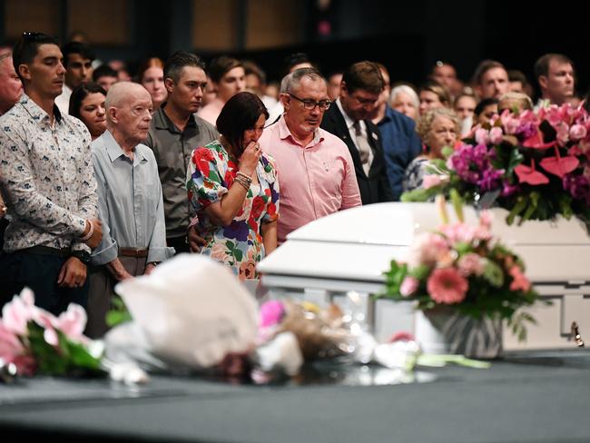 Hannah Clarke's brother Nat, grandfather and parents Suzanne and Lloyd are seen during the funeral for Hannah and her three children Aaliyah, Laianah and Trey in Brisbane. Picture: Dan Peled/AAP