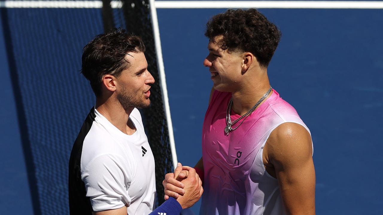 Dominic Thiem shakes hands with Ben Shelton after his last ever match.