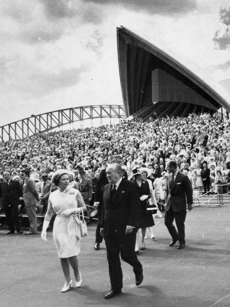 Queen Elizabeth II with NSW Premier Robert Askin at the official opening of the Sydney Opera House in October 1973. 