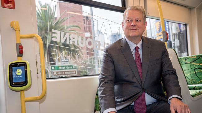 Former US President Al Gore takes a tram ride during the EcoCities Summit in Melbourne this week. (Pic: Jake Nowakowski/Herald Sun)                        <a capiid="d39d58e5f5e26d7a1b6c7525cb4ea2bc" class="capi-video">Al Gore slams Trump's G20 climate response</a>