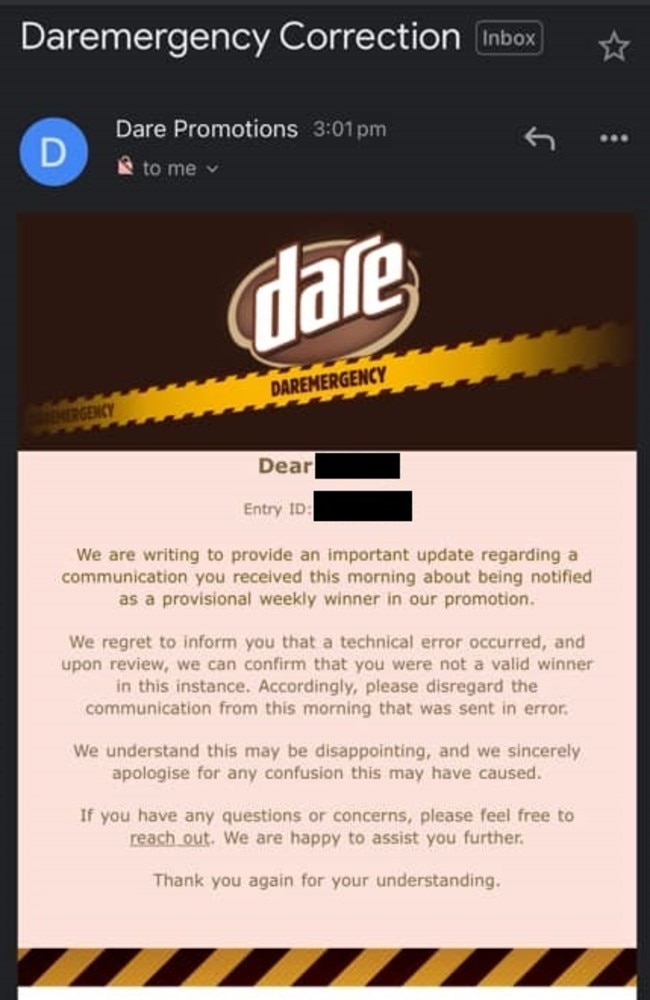 Dare blamed a ‘technical error’. Picture: Facebook